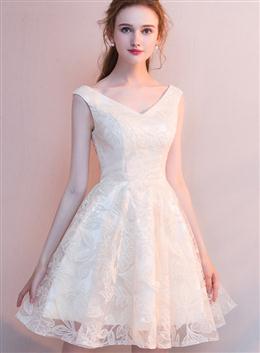 Picture of Ivory Lace Short V-neckline Lovely Homecoming Dresses, Cute Short Prom Dresses Party Dresses